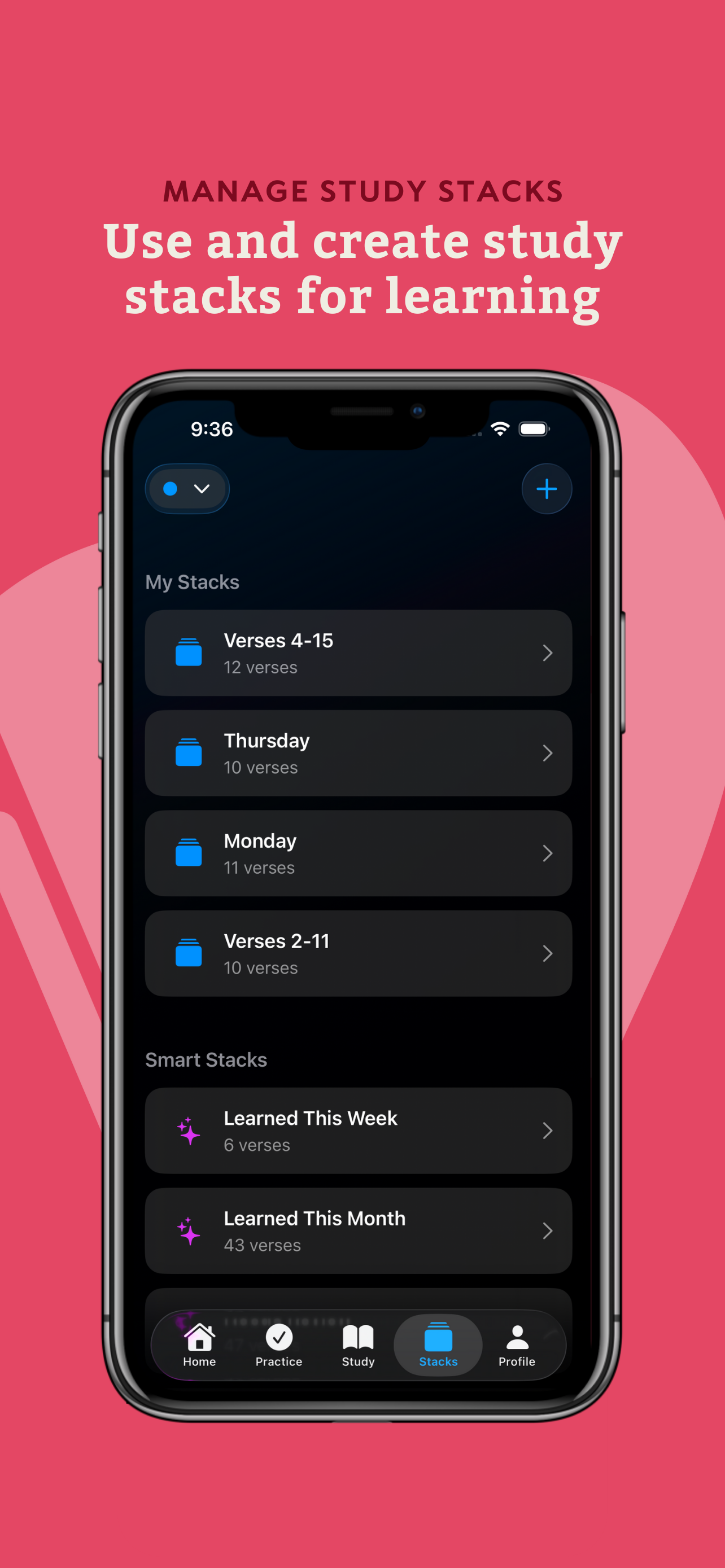 Manage study stacks - Use and create study stacks for learning