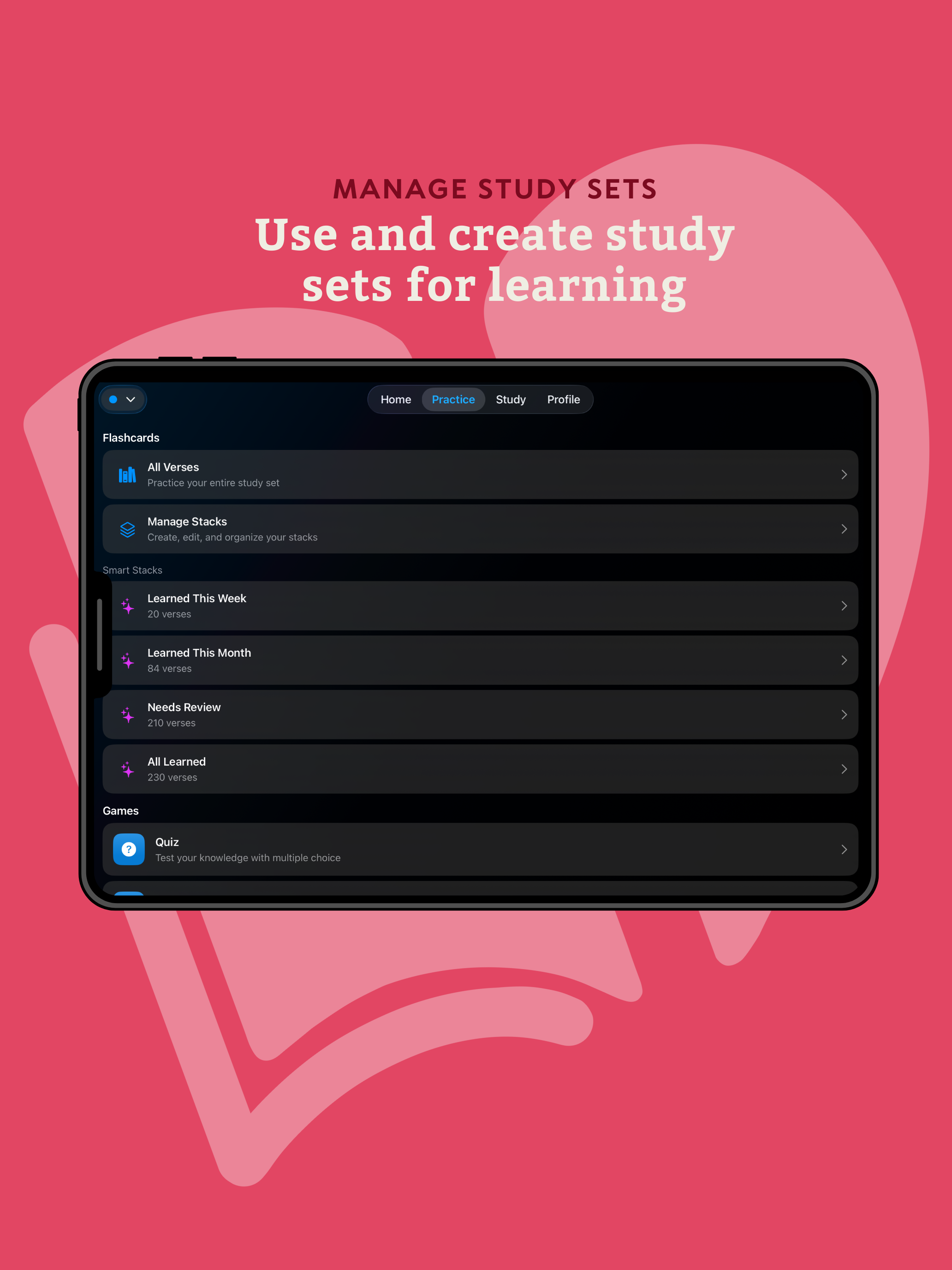 Manage study sets - Use and create study sets for learning